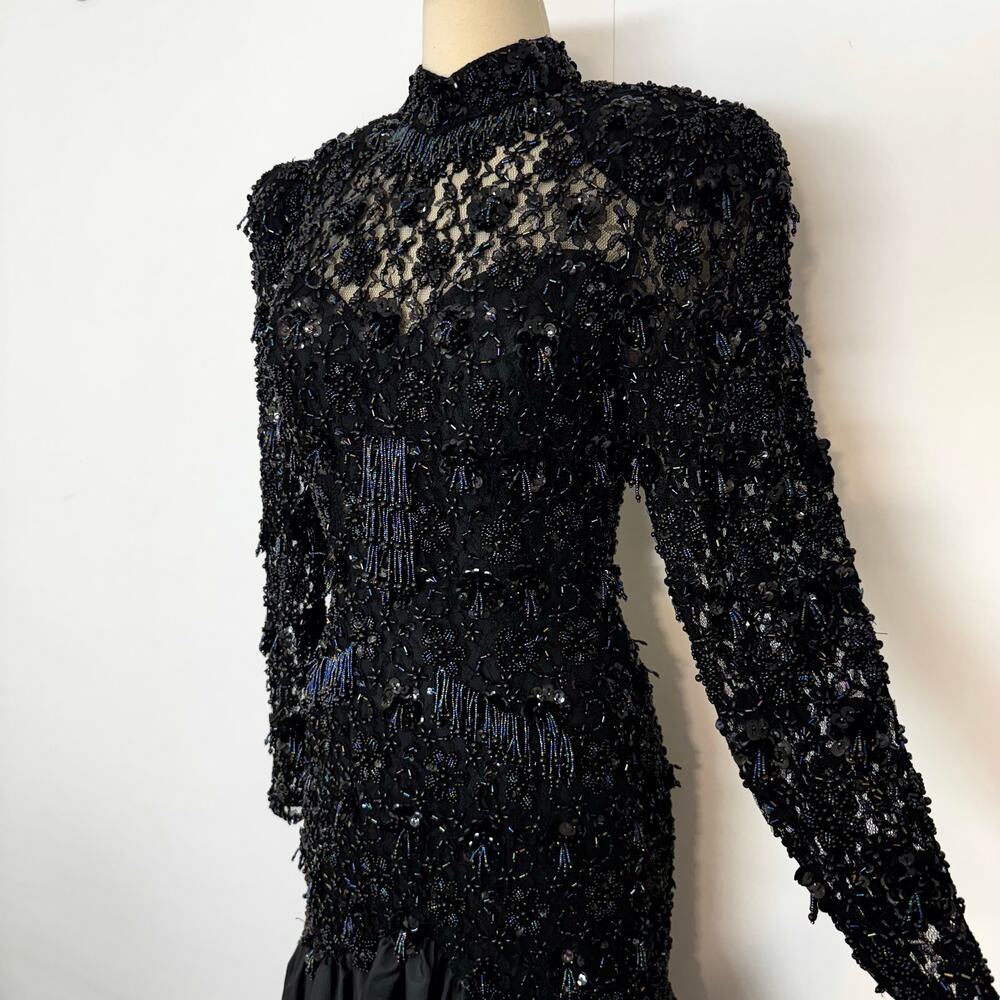 Oleg Cassini Black Tie Evening Heavily Beaded Gown with Trumpet Skirt Dress 6 - Picture 6 of 14